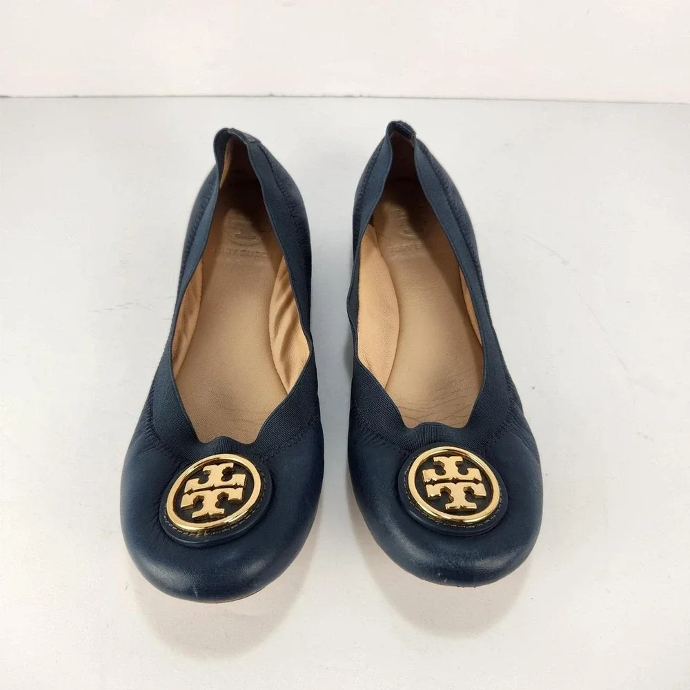 Tory Burch Reva Ballet Flats Women's 6 M Navy Blue Leather Gold Logo Shoes